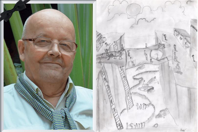 Christian des Pallières, à gauche, et un dessin fait par un enfant de PSE à droite