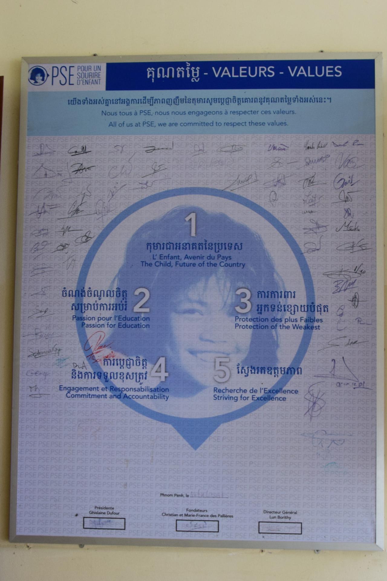 Les valeurs défendues par PSE sont affichées dans notre centre de Phnom Penh