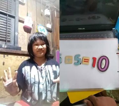 Une petite fille porteuse de handicap réalise un exercice de mathématiques avec son éducatrice en visio